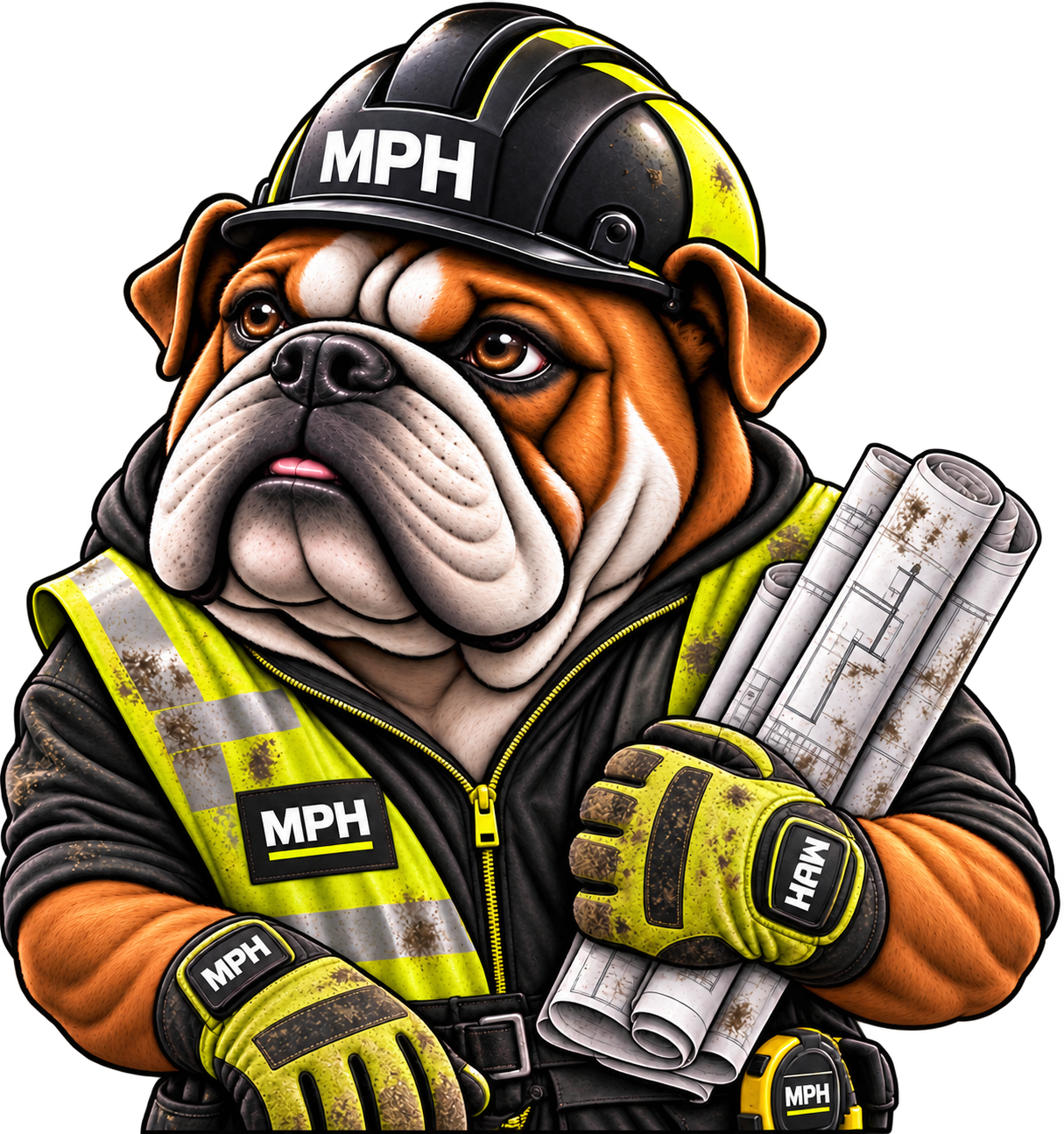 MPH construction mascot holding plans